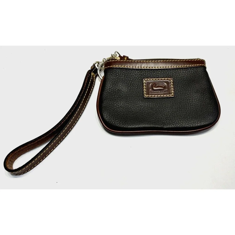 VTG Dooney & Bourke Womens Leather Wristlet Black Tan Pebbled Clutch Wallet